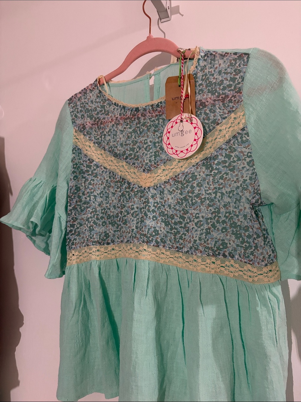 Umgee Mint Green Floral Lace Yoke Dress